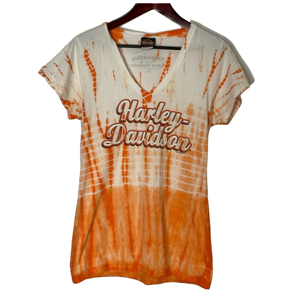 Harley-Davidson Orange & White Tie-Dye V‑Neck Short SleeveTee; Size Large